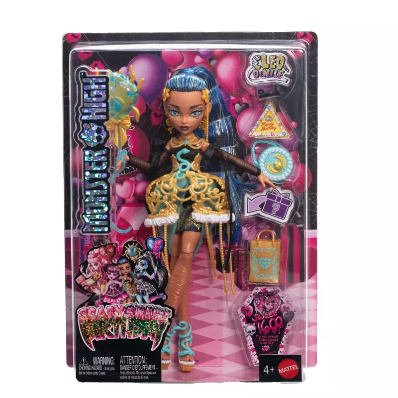 Muñeca Monster High Scary Sweet Birthday Cleo De Nile con vestido de fiesta, globo y regalo