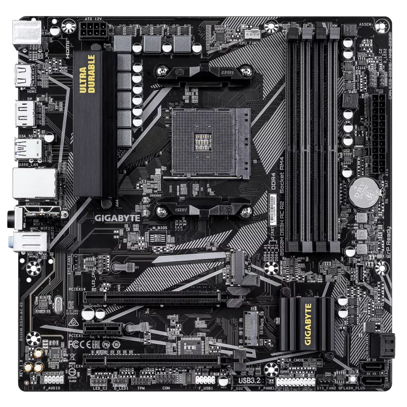 Placa base GIGABYTE B550M DS3H AC R2 - CPUs AMD Ryzen 5000, VRM de 5+3 fases, hasta 4733 MHz DDR4 (OC), 1x PCIe 4.0 + 1x PCIe 3.0 M.2, Wi-Fi 5, 1 GbE LAN, USB 3.2 Gen 1