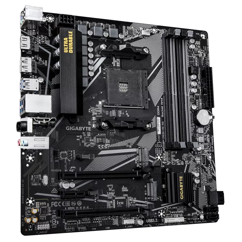 Placa base GIGABYTE B550M DS3H AC R2 - CPUs AMD Ryzen 5000, VRM de 5+3 fases, hasta 4733 MHz DDR4 (OC), 1x PCIe 4.0 + 1x PCIe 3.0 M.2, Wi-Fi 5, 1 GbE LAN, USB 3.2 Gen 1