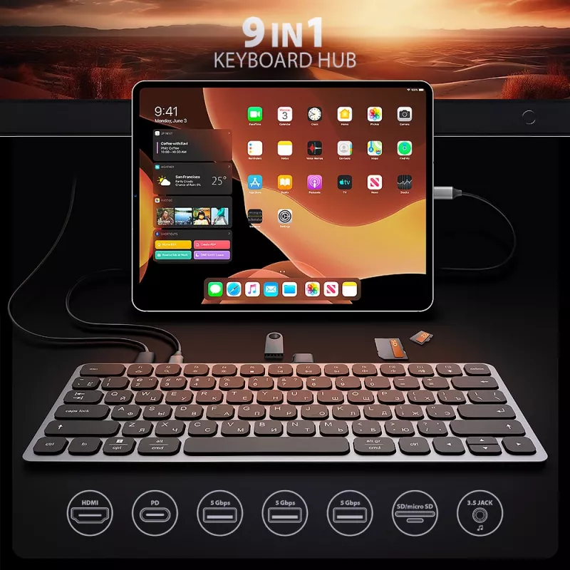 Axagon HMC-KB-CRL, hub USB 5Gbps con teclado, HDMI 4K/60Hz, 3x USB-A, SD/mSD, audio, PD100, distribución cirílica