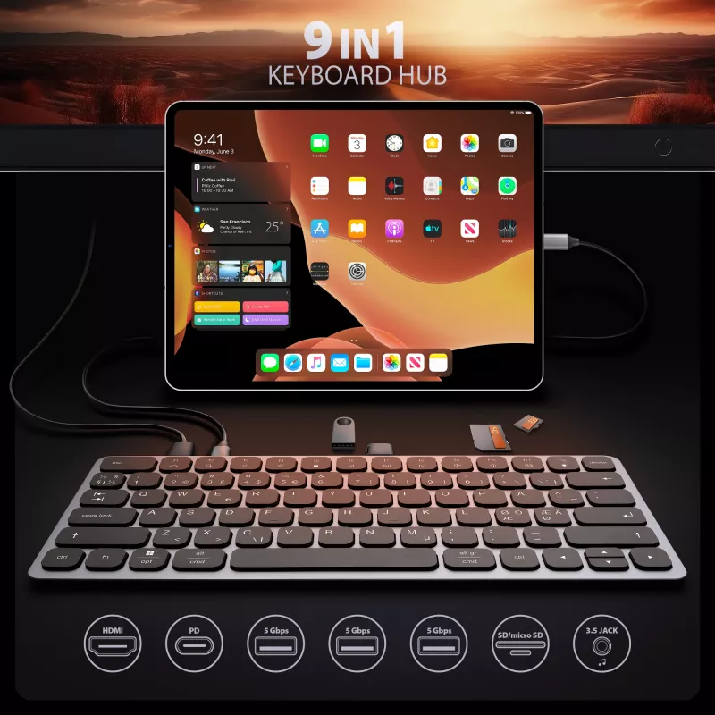 Axagon HMC-KB-NRD, hub USB 5Gbps con teclado, HDMI 4K/60Hz, 3x USB-A, SD/mSD, audio, PD100, distribución nórdica