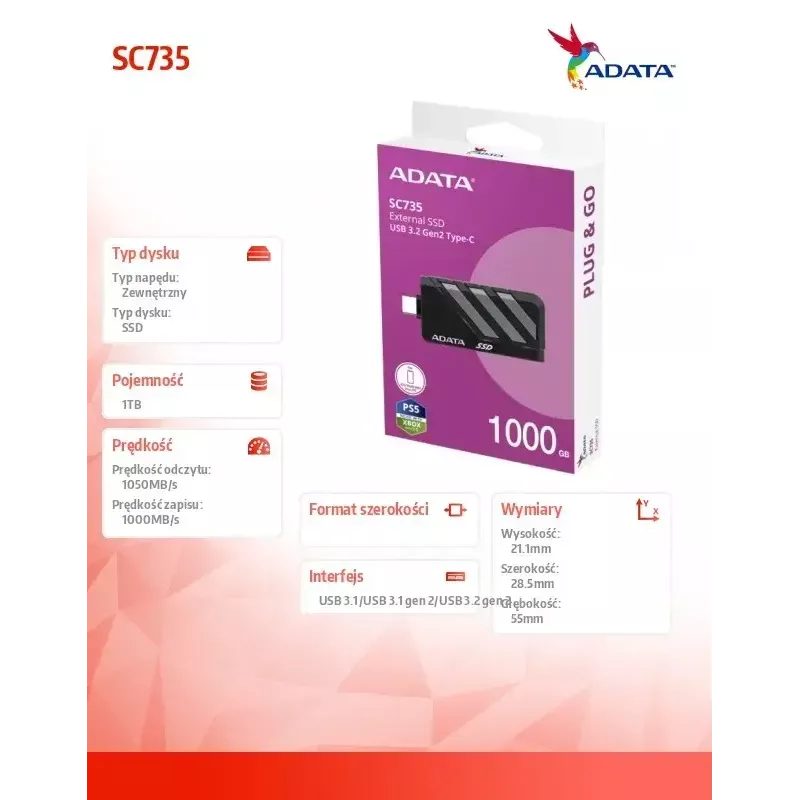 ADATA SC735 SSD externo de 1 TB, USB 3.2 Gen 2 (U3.2C), gris