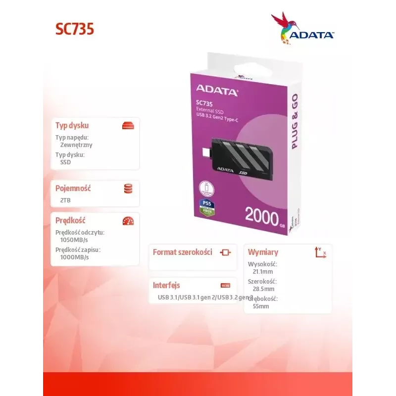 Disco SSD ADATA 2 TB externo SC735 U3.2C gris