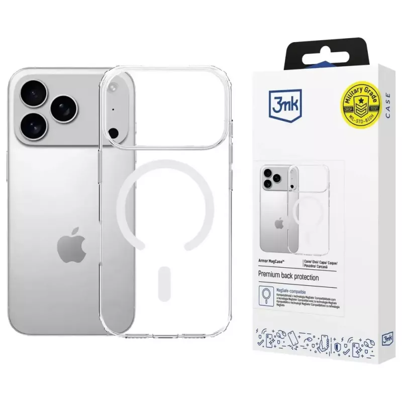 Funda protectora 3MK Armor MagCase para Apple iPhone 17 Pro, sujeción magnética, transparente/ahumado
