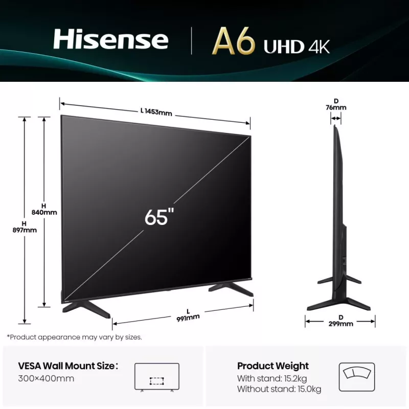 Hisense 65A6Q televisor de 65 pulgadas (165,1 cm) 4K UHD Smart TV, VIDAA, HDR10+, Dolby Vision, Wi-Fi, Bluetooth, negro
