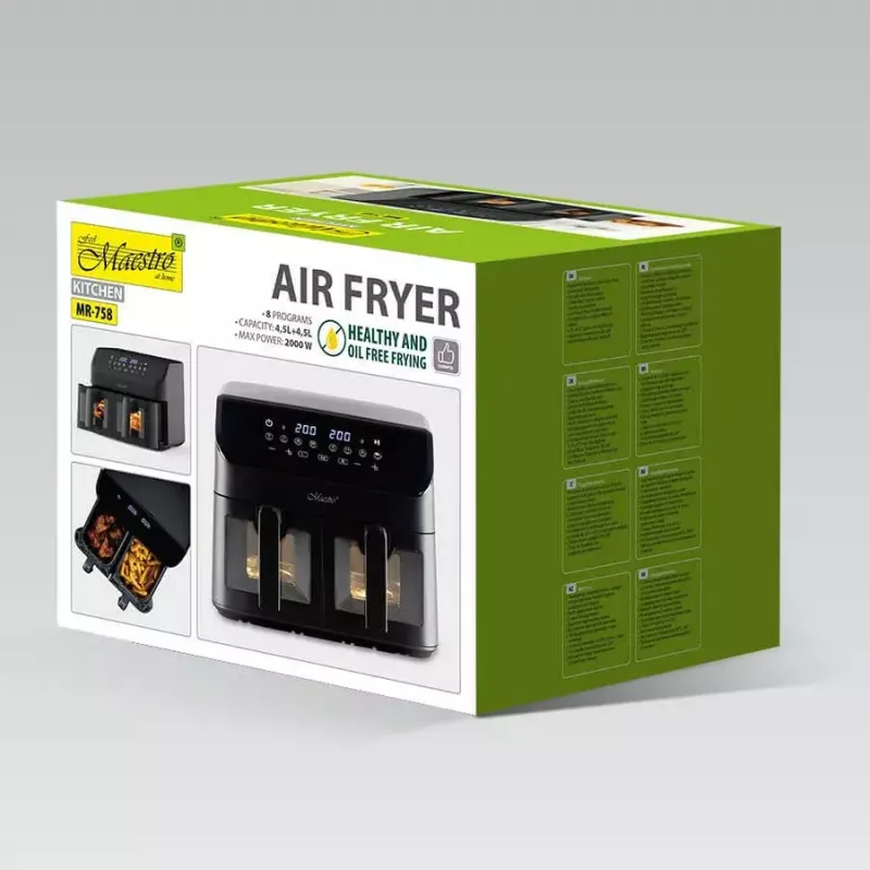 Maestro MR-758 freidora de aire de doble cesta, 2 x 4,5 l (9 l), 2000 W, 80–200°C, 8 programas, negra