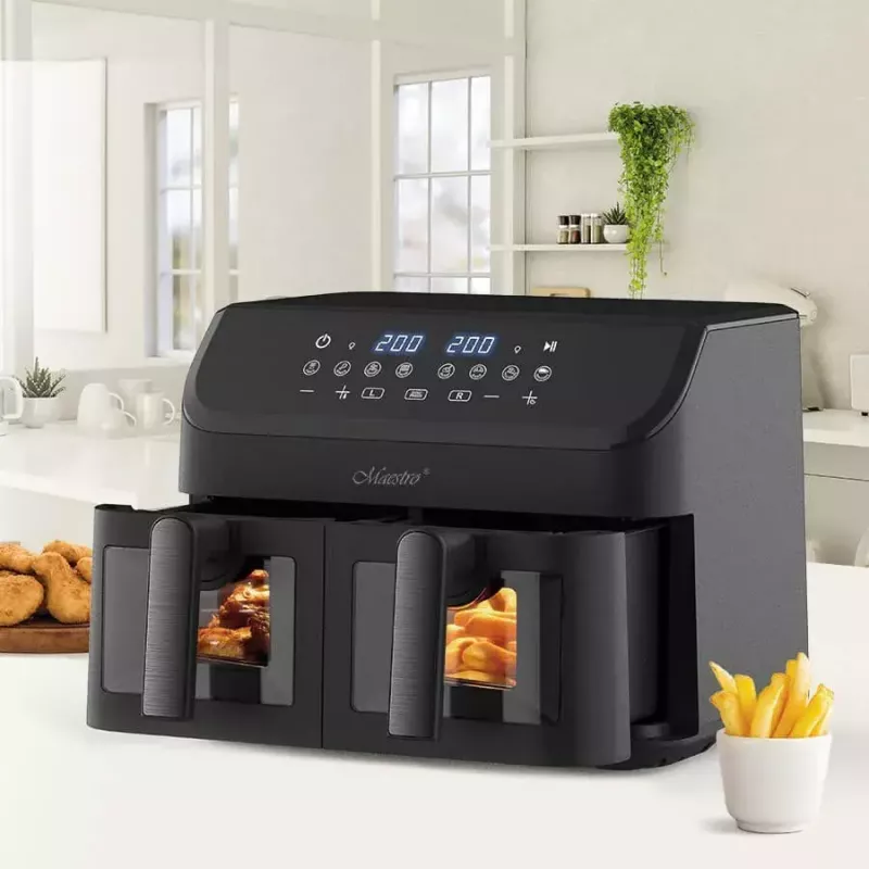 Maestro MR-758 freidora de aire de doble cesta, 2 x 4,5 l (9 l), 2000 W, 80–200°C, 8 programas, negra