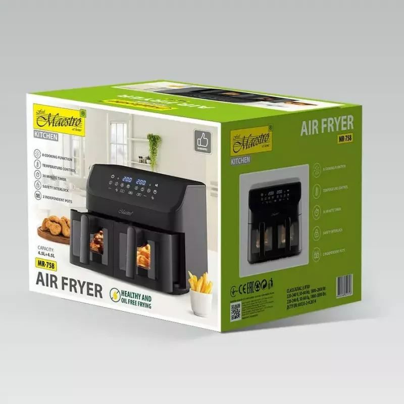 Maestro MR-758 freidora de aire de doble cesta, 2 x 4,5 l (9 l), 2000 W, 80–200°C, 8 programas, negra