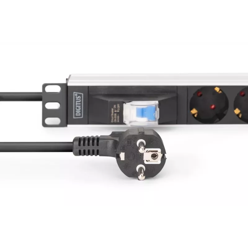 DIGITUS DN-95439 PDU de aluminio para rack de 19 pulgadas 1U, 7 tomas Schuko, interruptor automático, 16 A, 4000 W, 230 V, 50/60 Hz, cable de 1,8 m