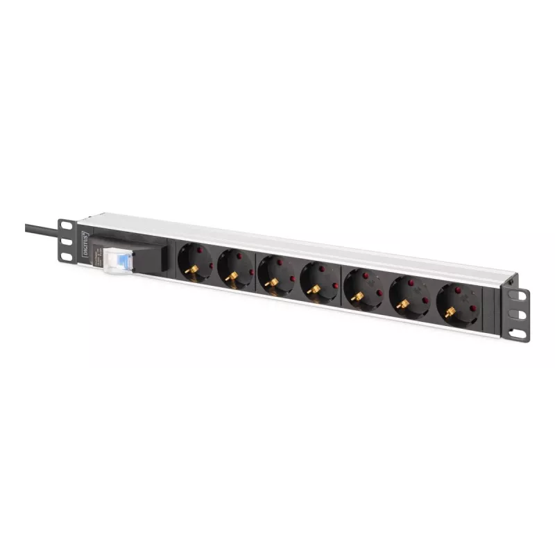 DIGITUS DN-95439 PDU de aluminio para rack de 19 pulgadas 1U, 7 tomas Schuko, interruptor automático, 16 A, 4000 W, 230 V, 50/60 Hz, cable de 1,8 m