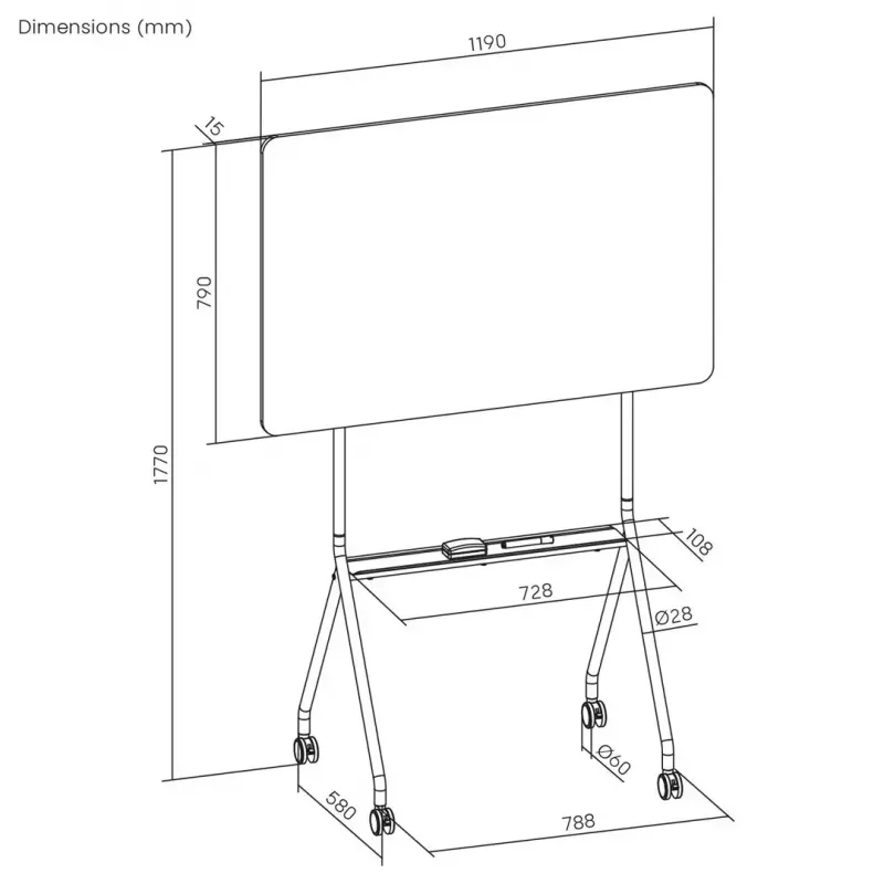 Pizarra ergo office ER-306 — pizarra horizontal de una cara borrable en seco, 1190×790 mm, independiente de acero con ruedas, magnética