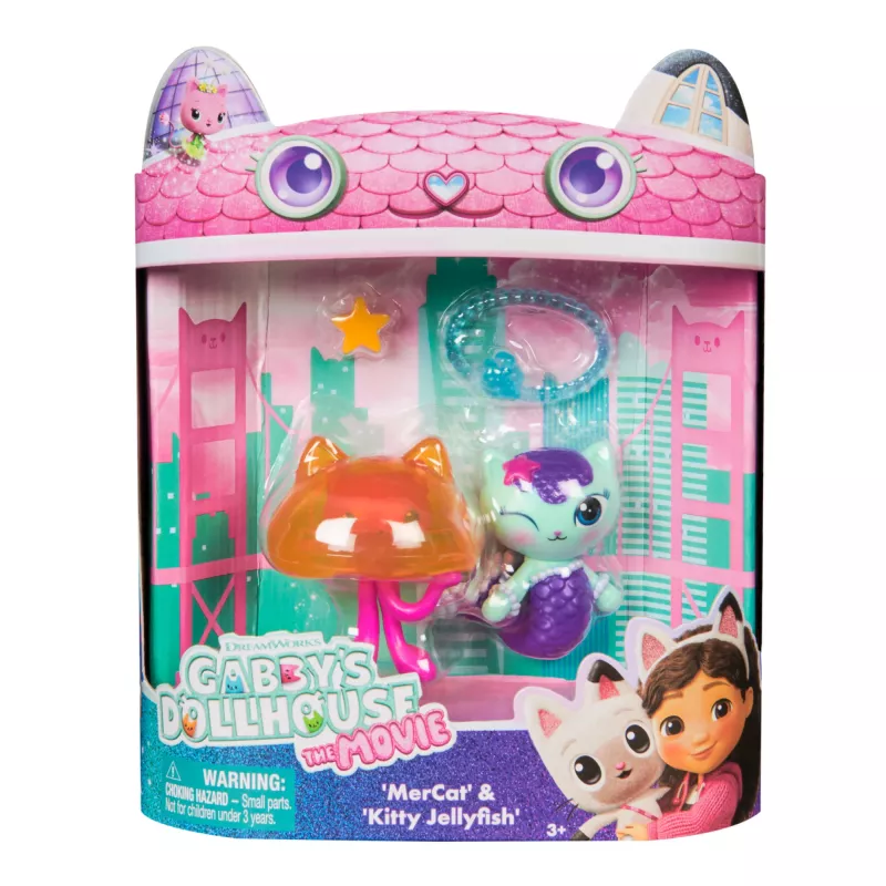 La casa de muñecas de Gabby: La película, MerCat y Kitty Jellyfish, figuras de juego con 2 accesorios, juguete infantil para niñas y niños a partir de 3 años