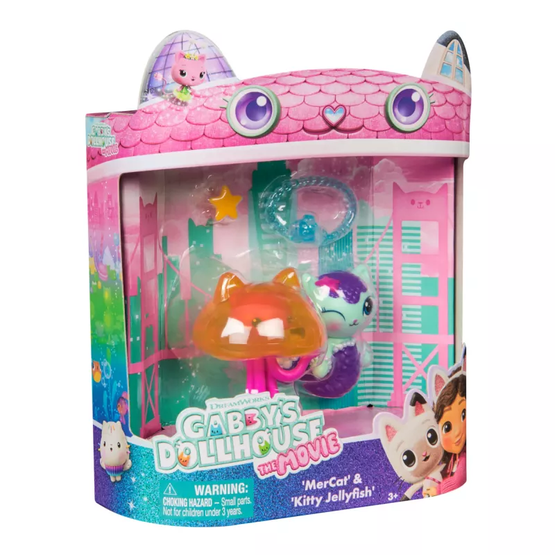 La casa de muñecas de Gabby: La película, MerCat y Kitty Jellyfish, figuras de juego con 2 accesorios, juguete infantil para niñas y niños a partir de 3 años