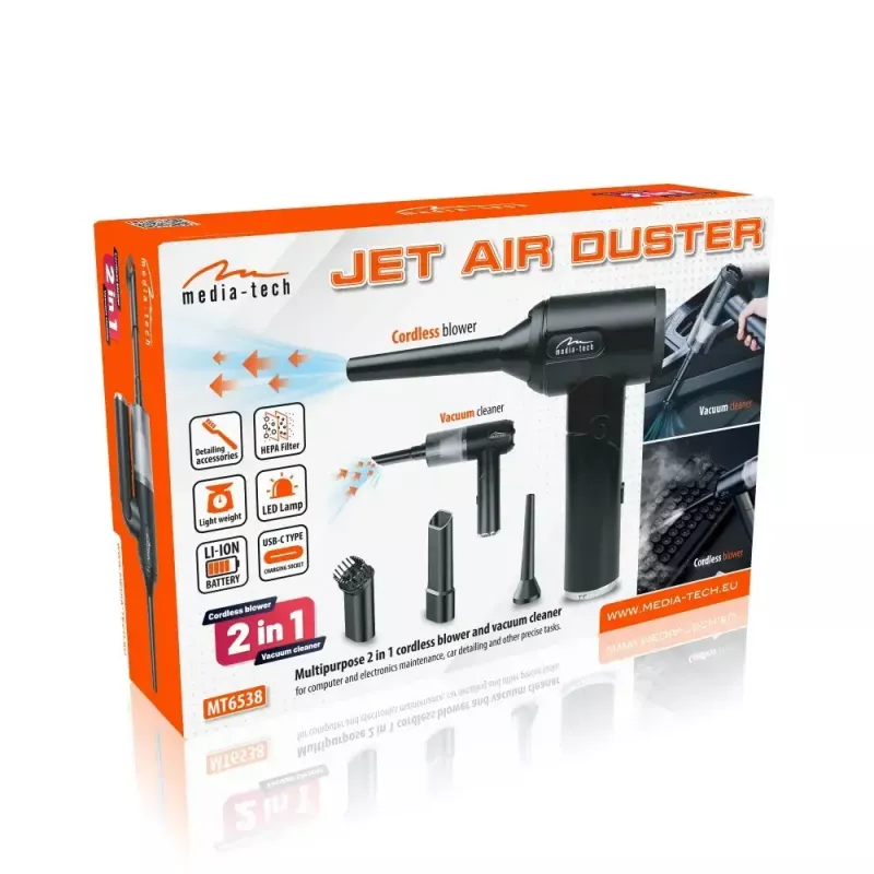 Soplador mini MEDIA-TECH MT6538 2 EN 1 Jet Air Duster — limpiador de mano inalámbrico, 2000 mAh, 65 W, 2500 l/min, 7000 Pa