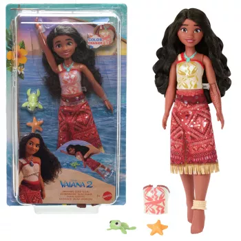 Juguete Disney Vaiana 2, muñeca de moda Vaiana Tautai flotante con 2 accesorios y parte superior que cambia de color