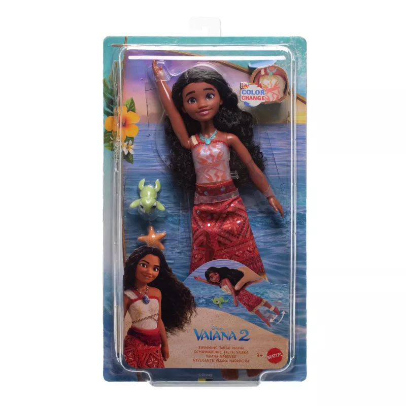 Juguete Disney Vaiana 2, muñeca de moda Vaiana Tautai flotante con 2 accesorios y parte superior que cambia de color