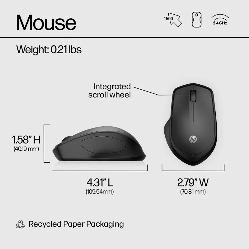 Ratón inalámbrico HP 280 Silent, para diestros, óptico, RF inalámbrico, negro