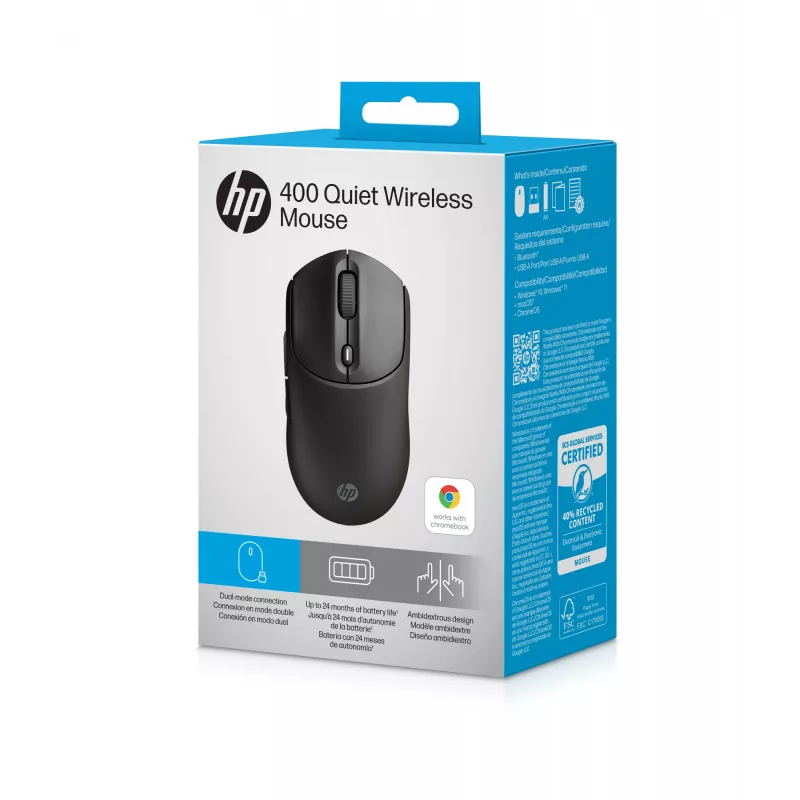 Ratón inalámbrico HP 400 Quiet negro, ambidiestro, RF inalámbrico + Bluetooth, 6000 DPI, negro
