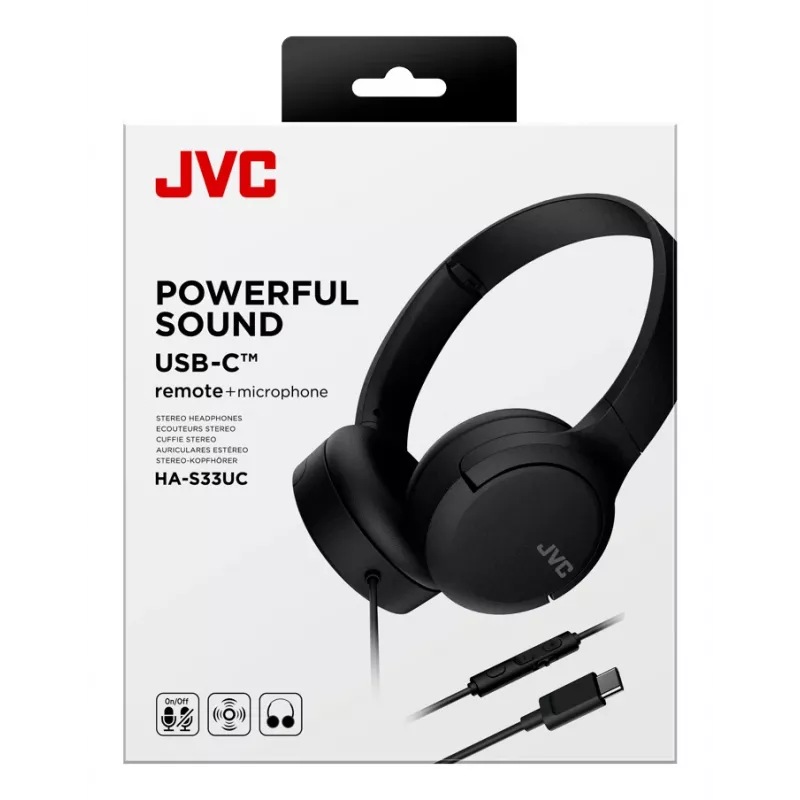 JVC HA-S33UC-BU auriculares supraaurales con cable USB-C, micrófono y mando a distancia, cable de 1,2 m, negros