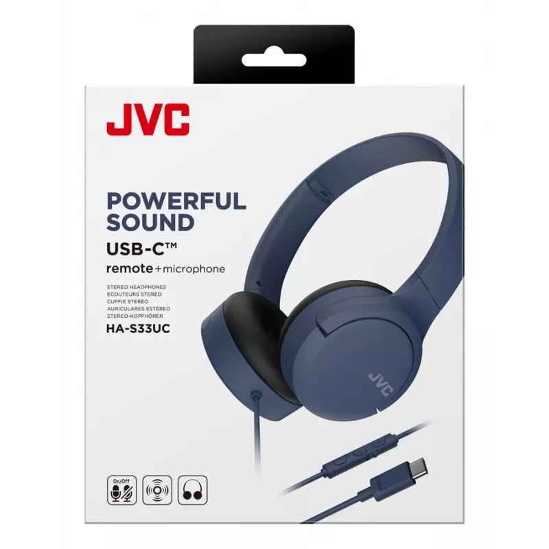 Auriculares supraaurales con cable JVC HA-S33UC-AU USB-C con micrófono y mando, cable de 1,2 m, azul
