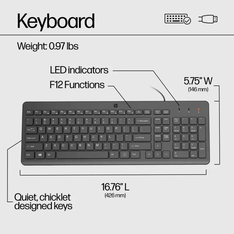 Teclado con cable HP 150, tamaño completo (100 %), con cable, USB, mecánico, QWERTY, negro