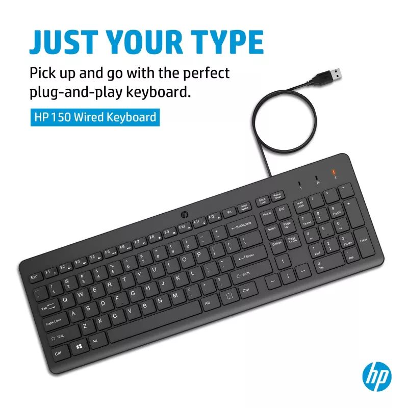 Teclado con cable HP 150, tamaño completo (100 %), con cable, USB, mecánico, QWERTY, negro