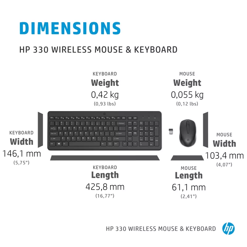 Conjunto de ratón y teclado inalámbrico HP 330, tamaño completo (100 %), inalámbrico, RF Wireless, QWERTY, negro, ratón incluido