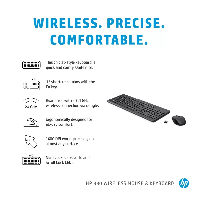 Conjunto de ratón y teclado inalámbrico HP 330, tamaño completo (100 %), inalámbrico, RF Wireless, QWERTY, negro, ratón incluido