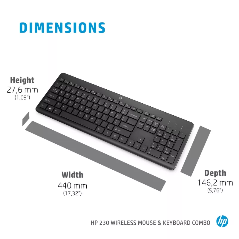 Conjunto de ratón y teclado inalámbrico HP 230, tamaño completo (100%), inalámbrico, RF Wireless, membrana, negro, ratón incluido