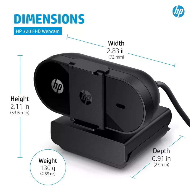 Webcam HP 320 FHD, 1920 x 1080 píxeles, Full HD, 30 fps, hogar, USB, negro