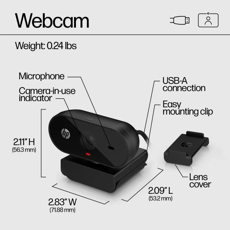 Webcam HP 320 FHD, 1920 x 1080 píxeles, Full HD, 30 fps, hogar, USB, negro