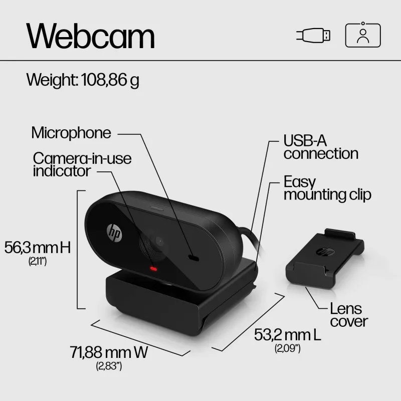 Webcam HP 320 FHD, 1920 x 1080 píxeles, Full HD, 30 fps, hogar, USB, negro