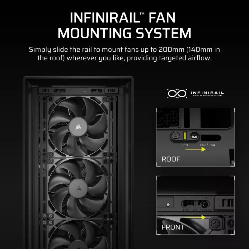 Caja semitorre para PC CORSAIR FRAME 5000D RS — negra, compatible con ATX/EATX, 3 ventiladores frontales de 140 mm, cristal templado, 250×556×542 mm