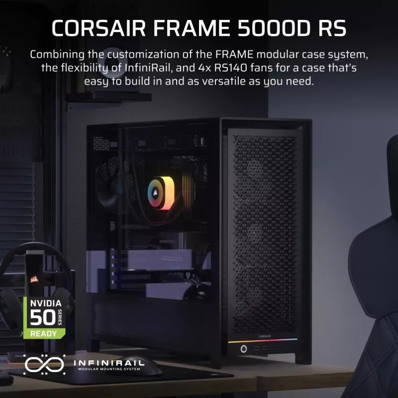 Caja semitorre para PC CORSAIR FRAME 5000D RS — negra, compatible con ATX/EATX, 3 ventiladores frontales de 140 mm, cristal templado, 250×556×542 mm