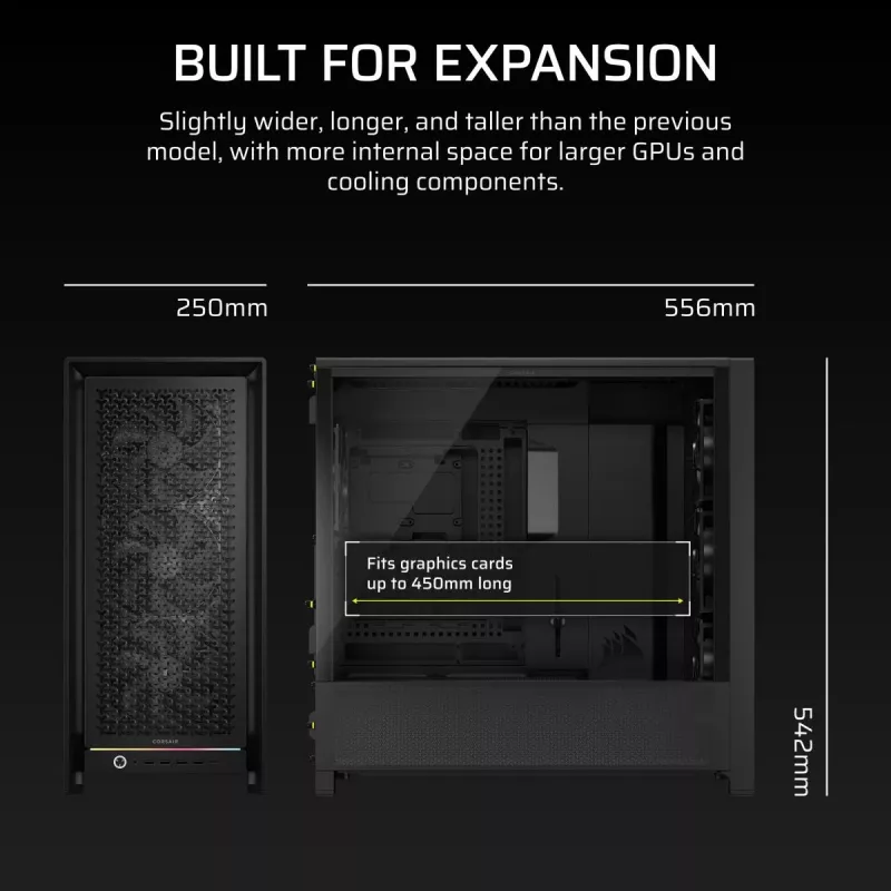 Caja semitorre para PC CORSAIR FRAME 5000D RS — negra, compatible con ATX/EATX, 3 ventiladores frontales de 140 mm, cristal templado, 250×556×542 mm