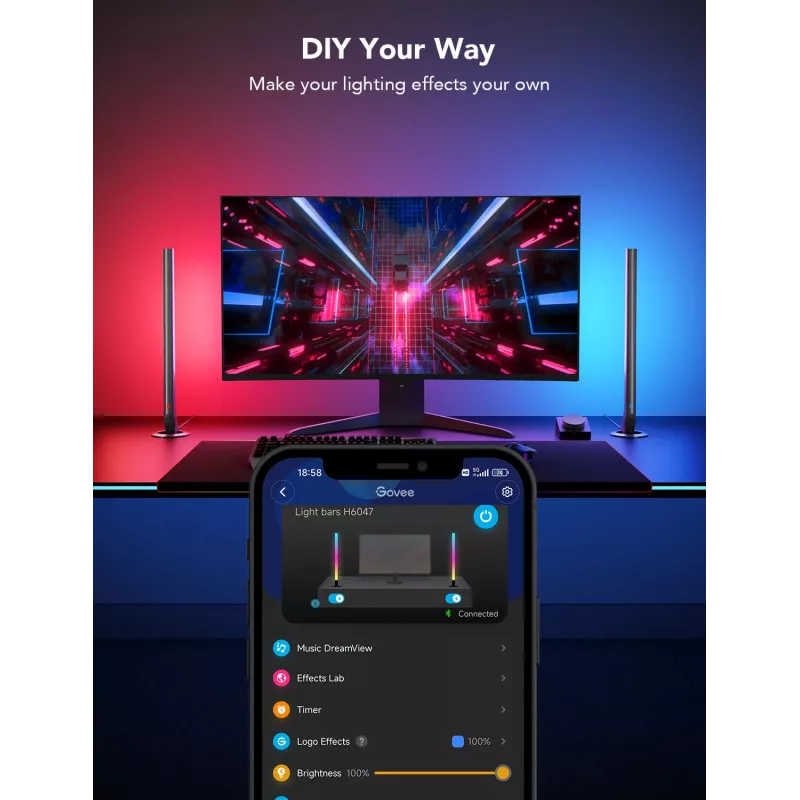 Set de iluminación inteligente Govee H6047, Wi‑Fi/Bluetooth, 12V 24W, negro, 5 uds.