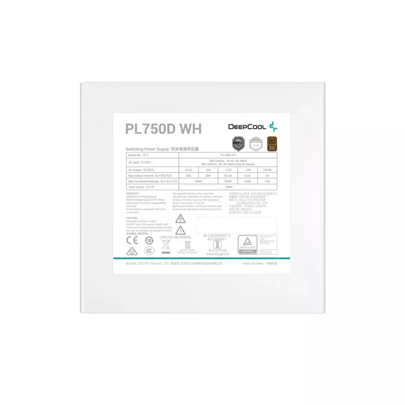 Fuente de alimentación DeepCool PL750D WH — 750 W, ATX 20+4 pines, 80 PLUS Bronze, ventilador de 120 mm, blanco