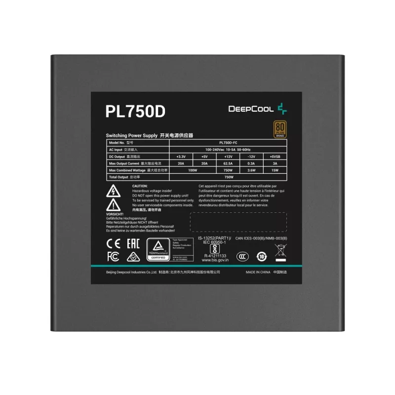 Fuente de alimentación DeepCool PL750D 750 W ATX 3.0 80 PLUS Bronze, ventilador de 120 mm, 20+4 pines, negro