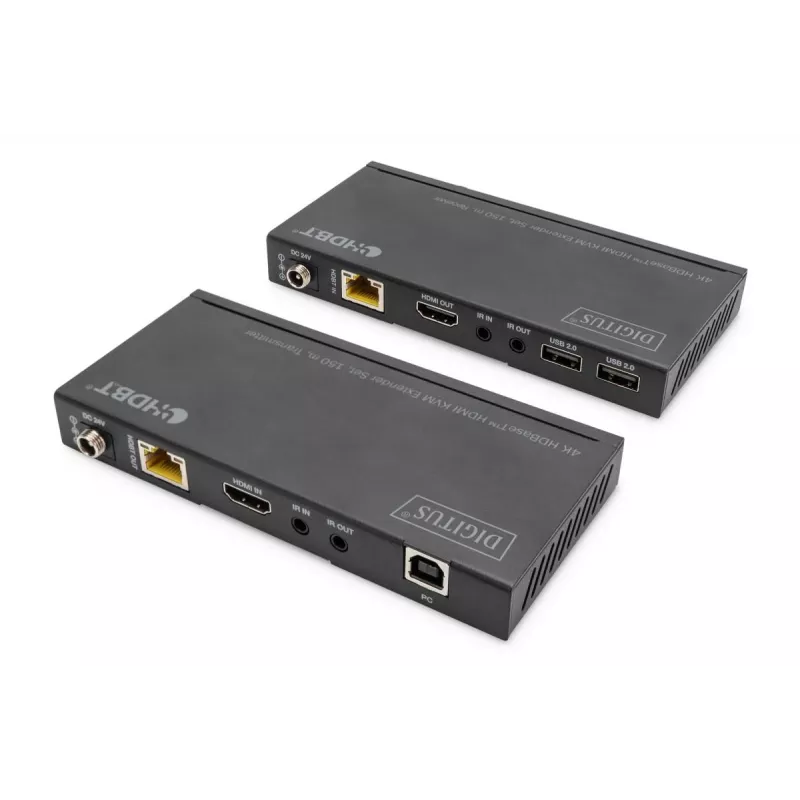 Set extensor KVM HDBaseT DIGITUS. 150m 4K/60Hz. USB 2.0. PoC. IR. Negro