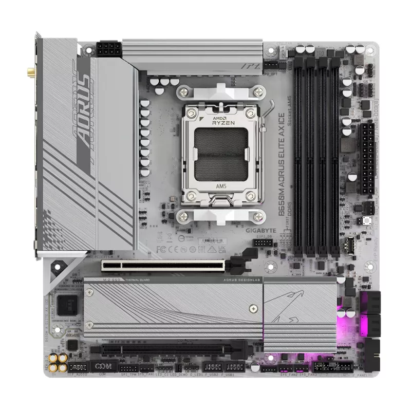Placa base GIGABYTE B650M AORUS ELITE AX ICE - CPUs AMD Ryzen serie 9000, VRM de 12+2+2 fases, hasta 8000 MHz DDR5 (OC), 1xPCIe 5.0 + 1xPCIe 4.0 M.2, LAN 2,5 GbE, WLAN 6E, USB 3.2 Gen 2x2
