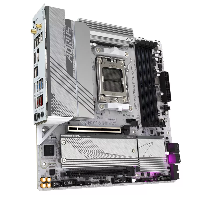 Placa base GIGABYTE B650M AORUS ELITE AX ICE - CPUs AMD Ryzen serie 9000, VRM de 12+2+2 fases, hasta 8000 MHz DDR5 (OC), 1xPCIe 5.0 + 1xPCIe 4.0 M.2, LAN 2,5 GbE, WLAN 6E, USB 3.2 Gen 2x2