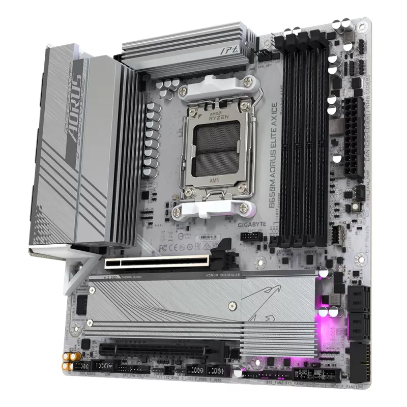 Placa base GIGABYTE B650M AORUS ELITE AX ICE - CPUs AMD Ryzen serie 9000, VRM de 12+2+2 fases, hasta 8000 MHz DDR5 (OC), 1xPCIe 5.0 + 1xPCIe 4.0 M.2, LAN 2,5 GbE, WLAN 6E, USB 3.2 Gen 2x2