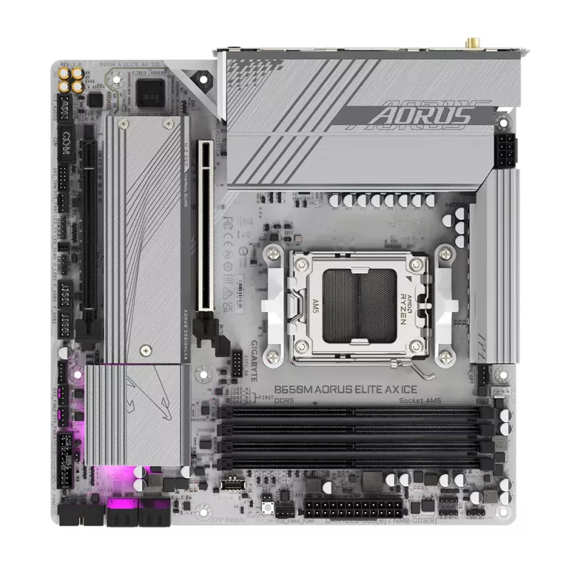 Placa base GIGABYTE B650M AORUS ELITE AX ICE - CPUs AMD Ryzen serie 9000, VRM de 12+2+2 fases, hasta 8000 MHz DDR5 (OC), 1xPCIe 5.0 + 1xPCIe 4.0 M.2, LAN 2,5 GbE, WLAN 6E, USB 3.2 Gen 2x2