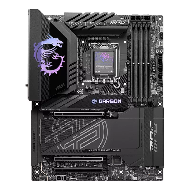 Placa base MSI MPG Z890 CARBON WIFI ATX — Intel LGA1851, Z890, DDR5, 4x DIMM, 5x M.2, Wi‑Fi 7, LAN 2,5Gb
