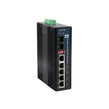 LevelOne Switch industrial Gigabit PoE de 6 puertos, 802.3at/af PoE, 4 salidas PoE, 1 x SFP, 1 x SFP/RJ45 combo, -40 °C a 75 °C, carril DIN, 126W