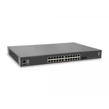 Switch Gigabit gestionado L3 apilable LevelOne KILBY 28 puertos, 2 x 10GbE SFP+, 1 x ranura para módulo 10GbE
