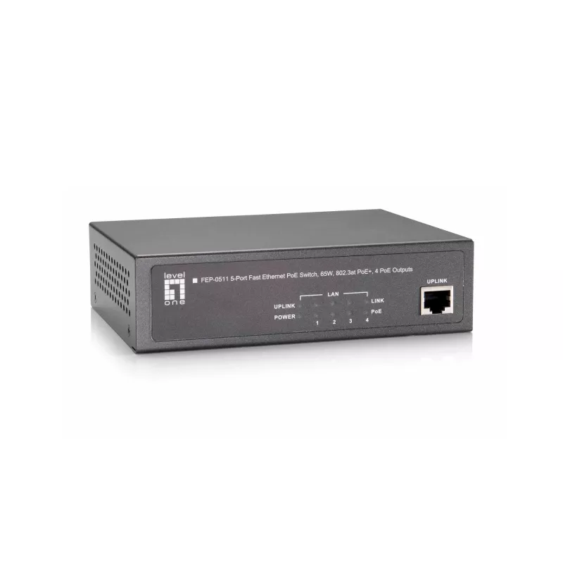 LevelOne Switch Fast Ethernet PoE de 5 puertos, 802.3at/af PoE, 4 salidas PoE, 65W