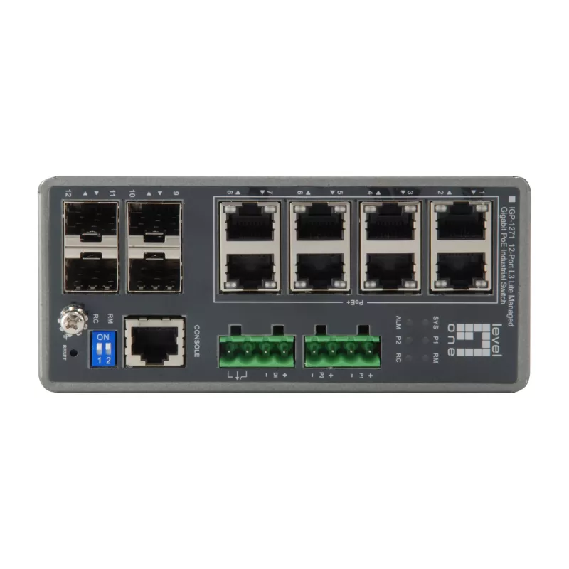 LevelOne IGP-1271 TURING switch industrial gestionado L3 Lite Gigabit PoE+, 12 puertos (8 x PoE+, 4 x SFP), 240 W, carril DIN, DC