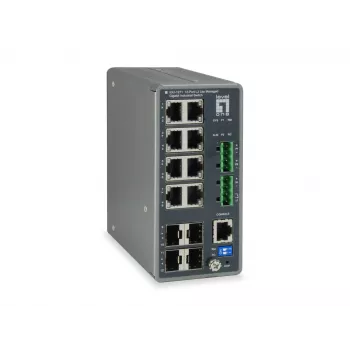 Switch industrial Gigabit gestionado L3 Lite LevelOne TURING 12 puertos, 4 x SFP, carril DIN, -40 °C a 75 °C