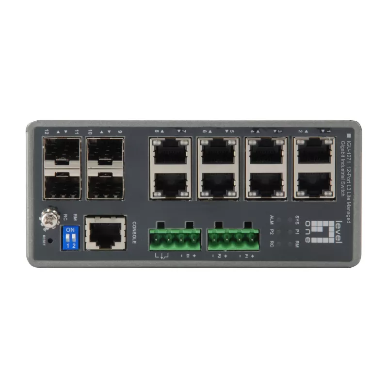LevelOne IGU-1271 TURING switch industrial gestionado L3 Lite Gigabit, 12 puertos (8 x RJ45, 4 x SFP), carril DIN, DC